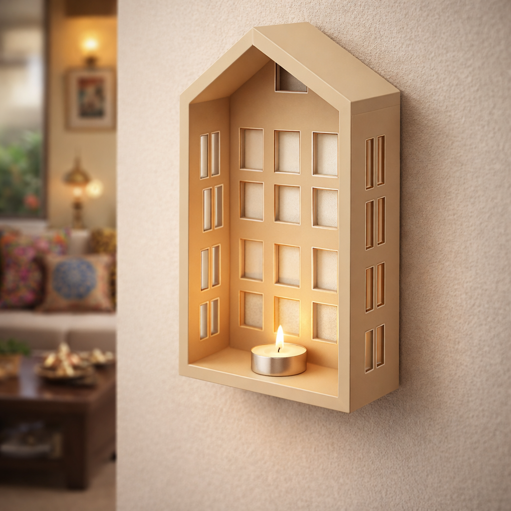 Unpainted MDF house-shaped wall-mounted DIY sconce with window cutout design and tealight candle holder for home decor and craft painting.