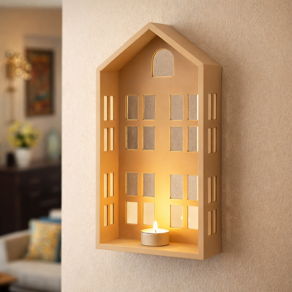 Unpainted MDF house-shaped wall-mounted DIY sconce with window cutout design and tealight candle holder for home decor and craft painting.