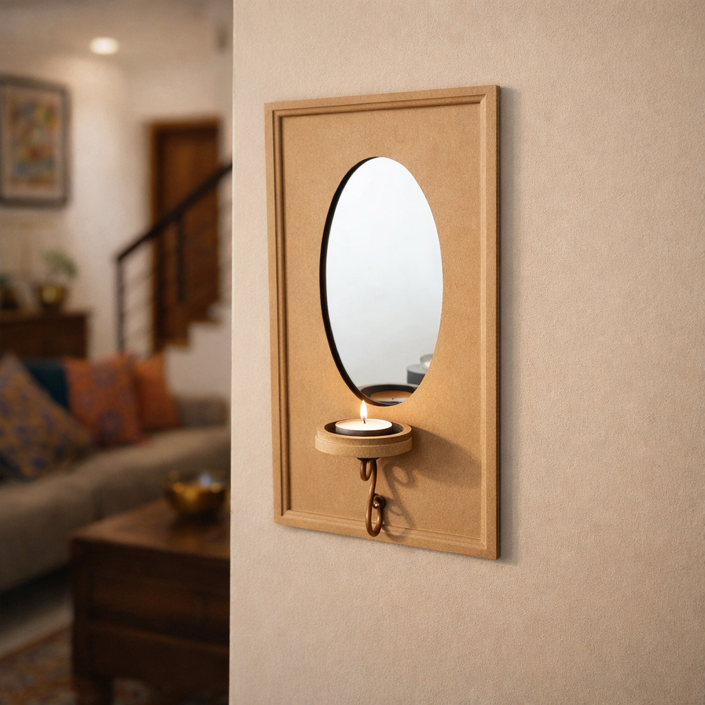 Unpainted MDF wall-mounted DIY sconce with oval mirror panel, metal hook detail, and tealight candle holder for home decor and craft painting.