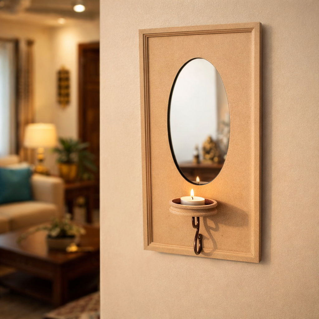 Unpainted MDF wall-mounted DIY sconce with oval mirror panel, metal hook detail, and tealight candle holder for home decor and craft painting.