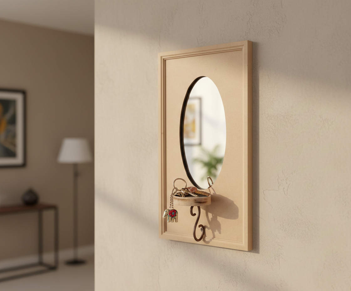 Unpainted MDF wall-mounted DIY sconce with oval mirror panel, metal hook detail for home decor and craft painting.