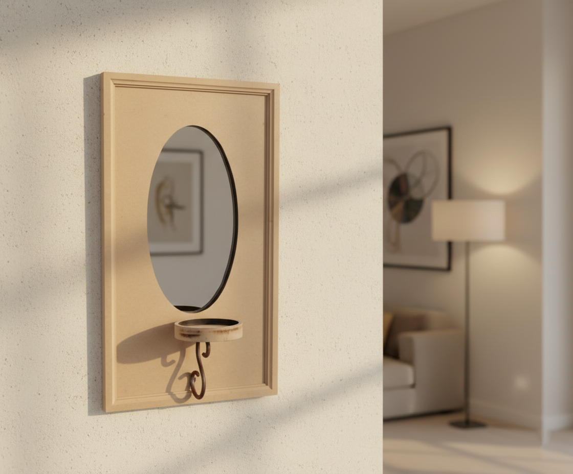 Unpainted MDF wall-mounted DIY sconce with oval mirror panel, metal hook detail for home decor and craft painting.