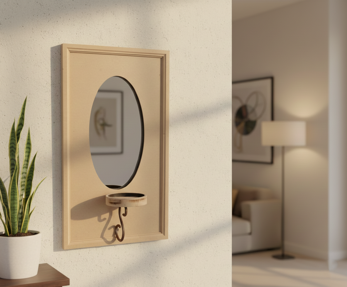 Unpainted MDF wall-mounted DIY sconce with oval mirror panel, metal hook detail for home decor and craft painting.