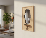 Unpainted MDF wall-mounted DIY sconce with scalloped mirror panel, metal hook detail, and tealight candle holder for home decor and craft painting.