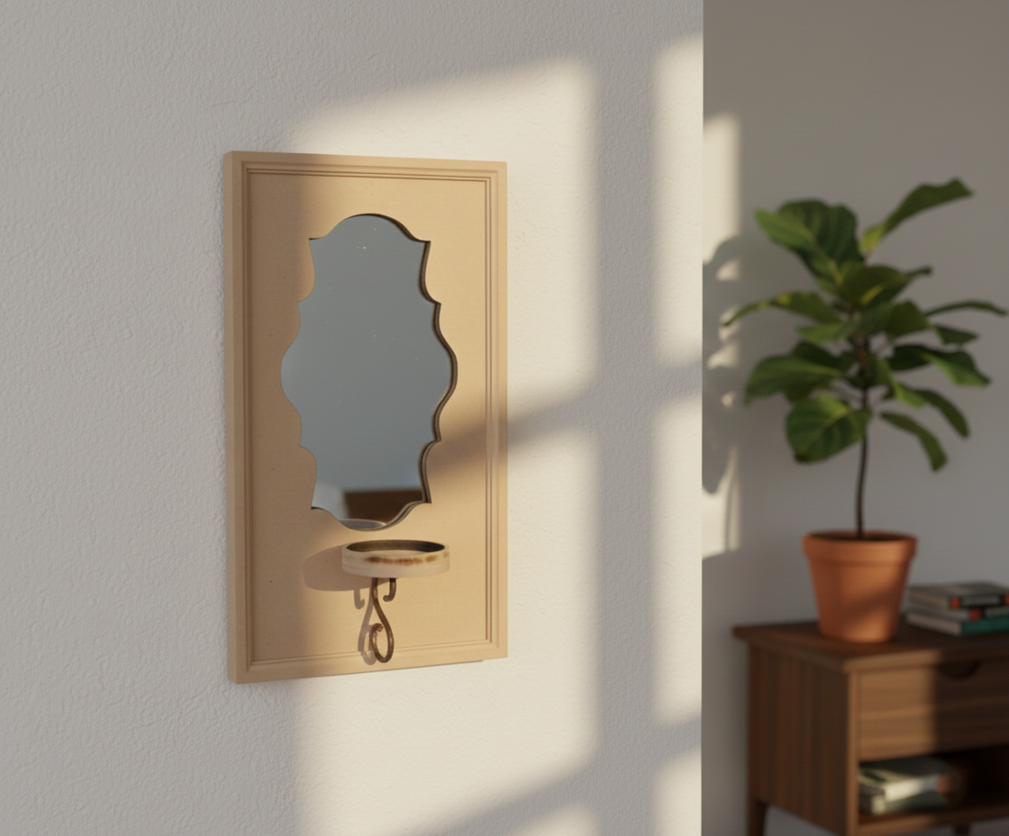 Unpainted MDF wall-mounted DIY sconce with scalloped mirror panel, metal hook detail, and tealight candle holder for home decor and craft painting.