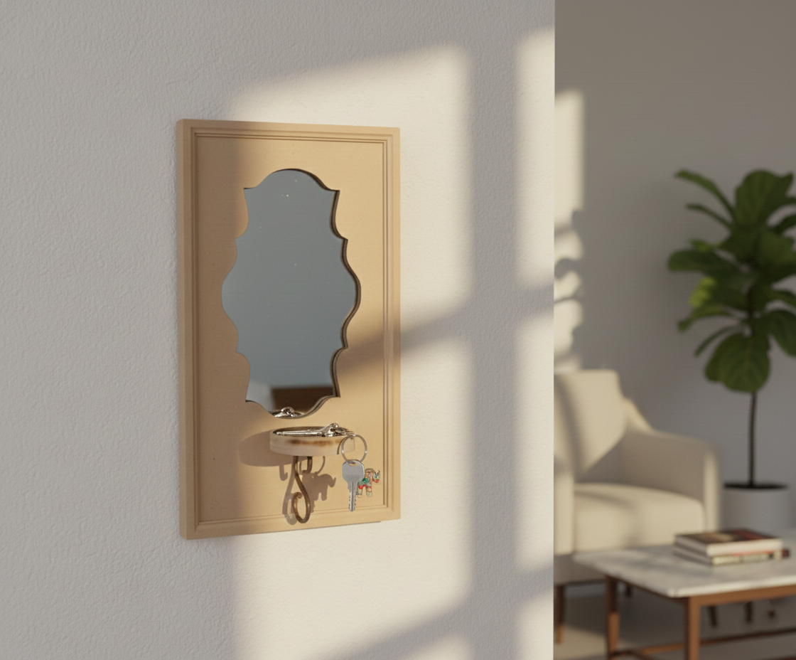 Unpainted MDF wall-mounted DIY sconce with scalloped mirror panel, metal hook detail, and tealight candle holder for home decor and craft painting.