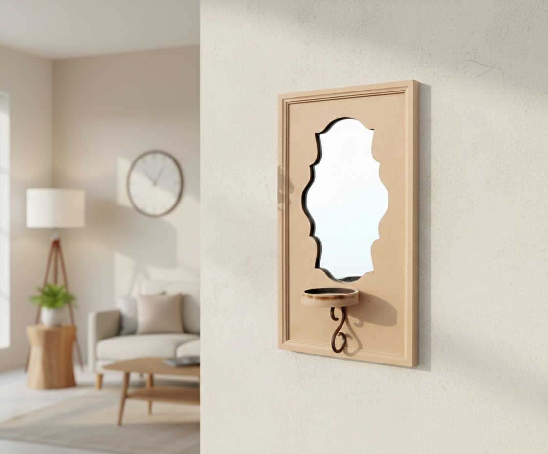 Unpainted MDF wall-mounted DIY sconce with scalloped mirror panel, metal hook detail, and tealight candle holder for home decor and craft painting.