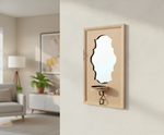 Unpainted MDF wall-mounted DIY sconce with scalloped mirror panel, metal hook detail, and tealight candle holder for home decor and craft painting.