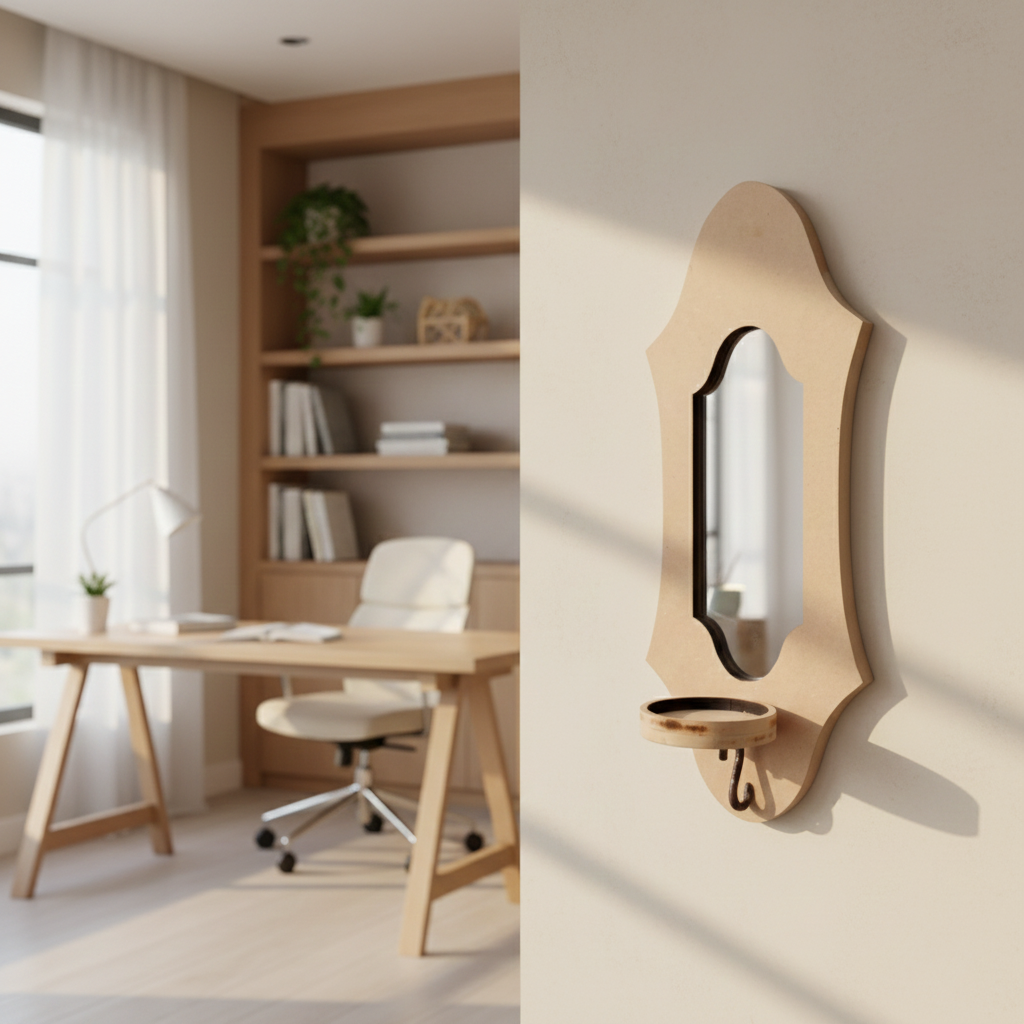 Unpainted MDF wall-mounted DIY sconce with decorative curved mirror panel, small shelf, and tealight candle holder for home decor and craft painting.