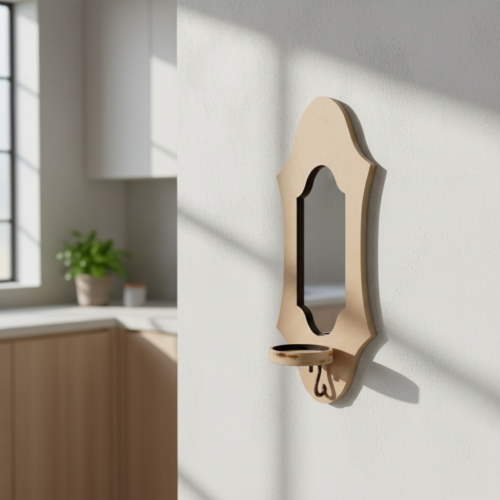 Unpainted MDF wall-mounted DIY sconce with decorative curved mirror panel, small shelf, and tealight candle holder for home decor and craft painting.