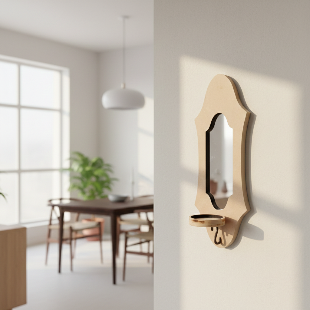 Unpainted MDF wall-mounted DIY sconce with decorative curved mirror panel, small shelf, and tealight candle holder for home decor and craft painting.