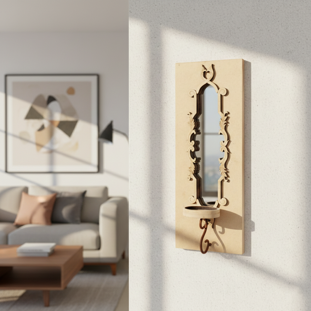 Unpainted MDF wall-mounted DIY sconce with ornate carved mirror frame, small round shelf, and metal hook candle holder for home decor and craft painting.