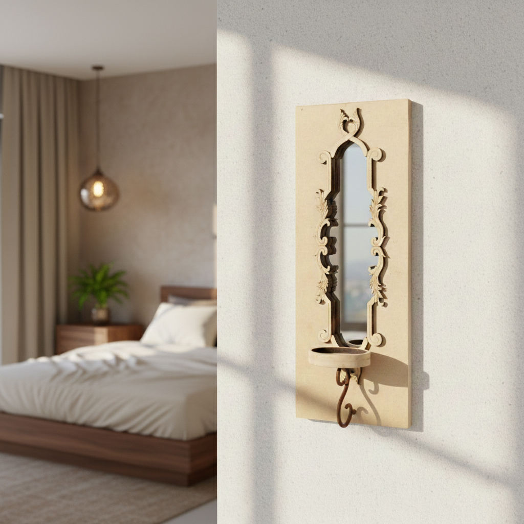Unpainted MDF wall-mounted DIY sconce with ornate carved mirror frame, small round shelf, and metal hook candle holder for home decor and craft painting.