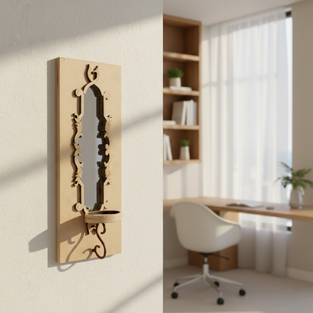 Unpainted MDF wall-mounted DIY sconce with ornate carved mirror frame, small round shelf, and metal hook candle holder for home decor and craft painting.