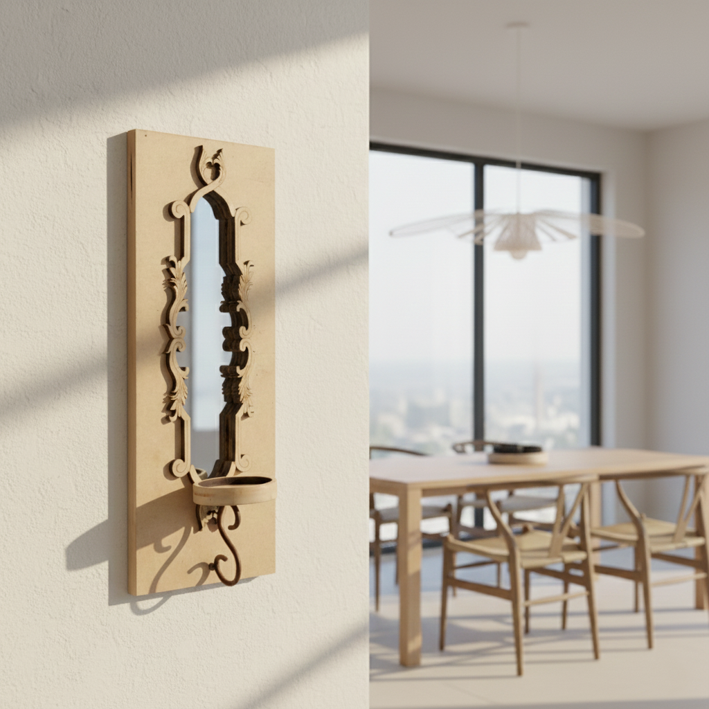 Unpainted MDF wall-mounted DIY sconce with ornate carved mirror frame, small round shelf, and metal hook candle holder for home decor and craft painting.