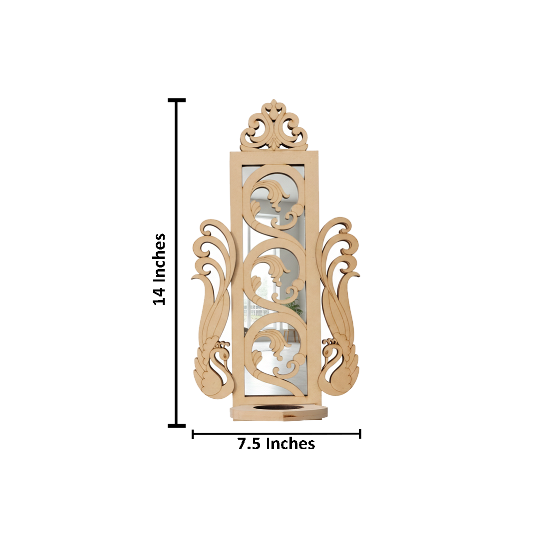 DIY MDF Peacock Wall Mirror Sconce Shelf for Decor laser cut MDF wall shelf base for painting, decoupage and DIY decoration with size.
