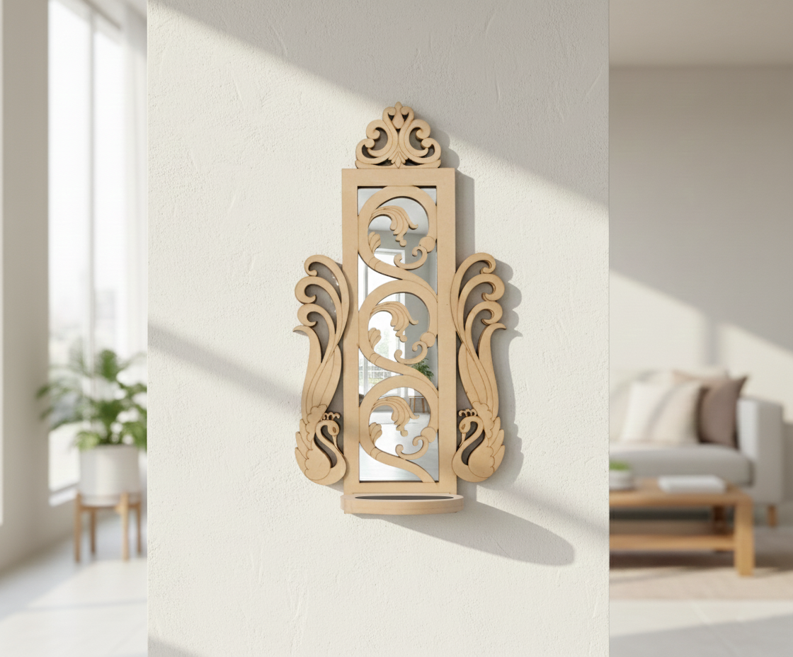 Unpainted MDF wall-mounted DIY sconce with ornate carved mirror frame and round tealight candle holder for elegant home decor and craft painting.