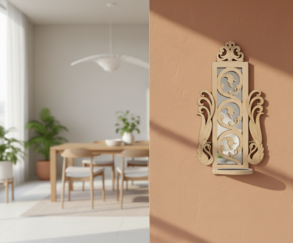 Unpainted MDF wall-mounted DIY sconce with ornate carved mirror frame and round tealight candle holder for elegant home decor and craft painting.