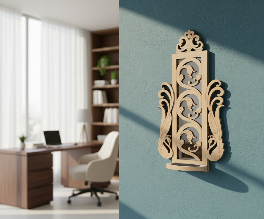 Unpainted MDF wall-mounted DIY sconce with ornate carved mirror frame and round tealight candle holder for elegant home decor and craft painting.