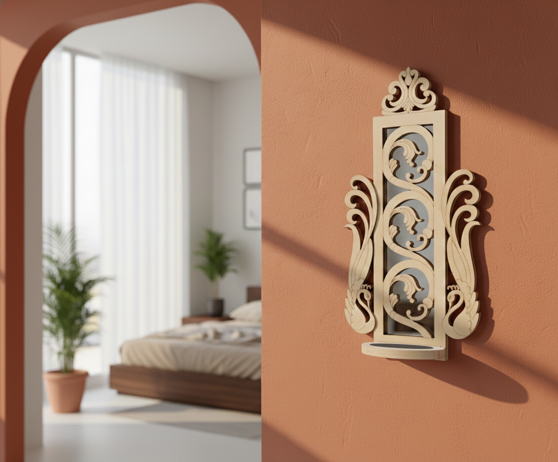 Unpainted MDF wall-mounted DIY sconce with ornate carved mirror frame and round tealight candle holder for elegant home decor and craft painting.