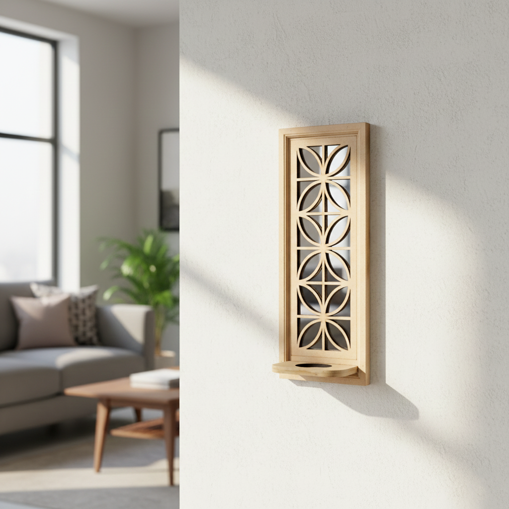 Unpainted MDF wall-mounted DIY sconce with geometric lattice mirror design and round tealight candle holder for modern home decor and craft painting.