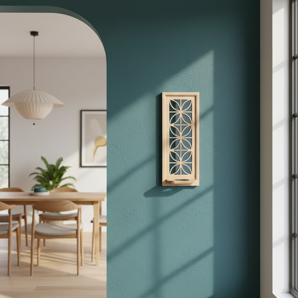 Unpainted MDF wall-mounted DIY sconce with geometric lattice mirror design and round tealight candle holder for modern home decor and craft painting.