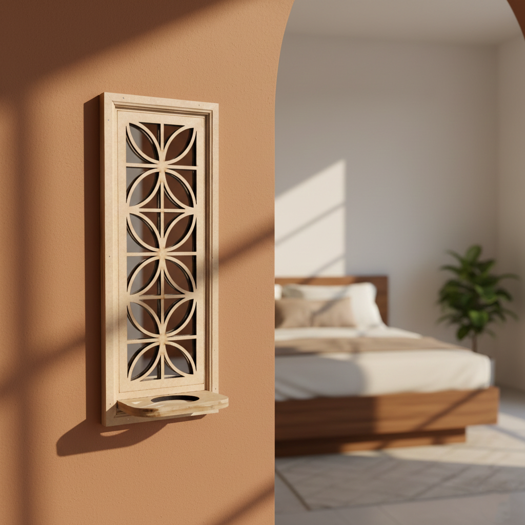 Unpainted MDF wall-mounted DIY sconce with geometric lattice mirror design and round tealight candle holder for modern home decor and craft painting.