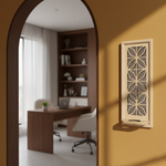 Unpainted MDF wall-mounted DIY sconce with geometric lattice mirror design and round tealight candle holder for modern home decor and craft painting.