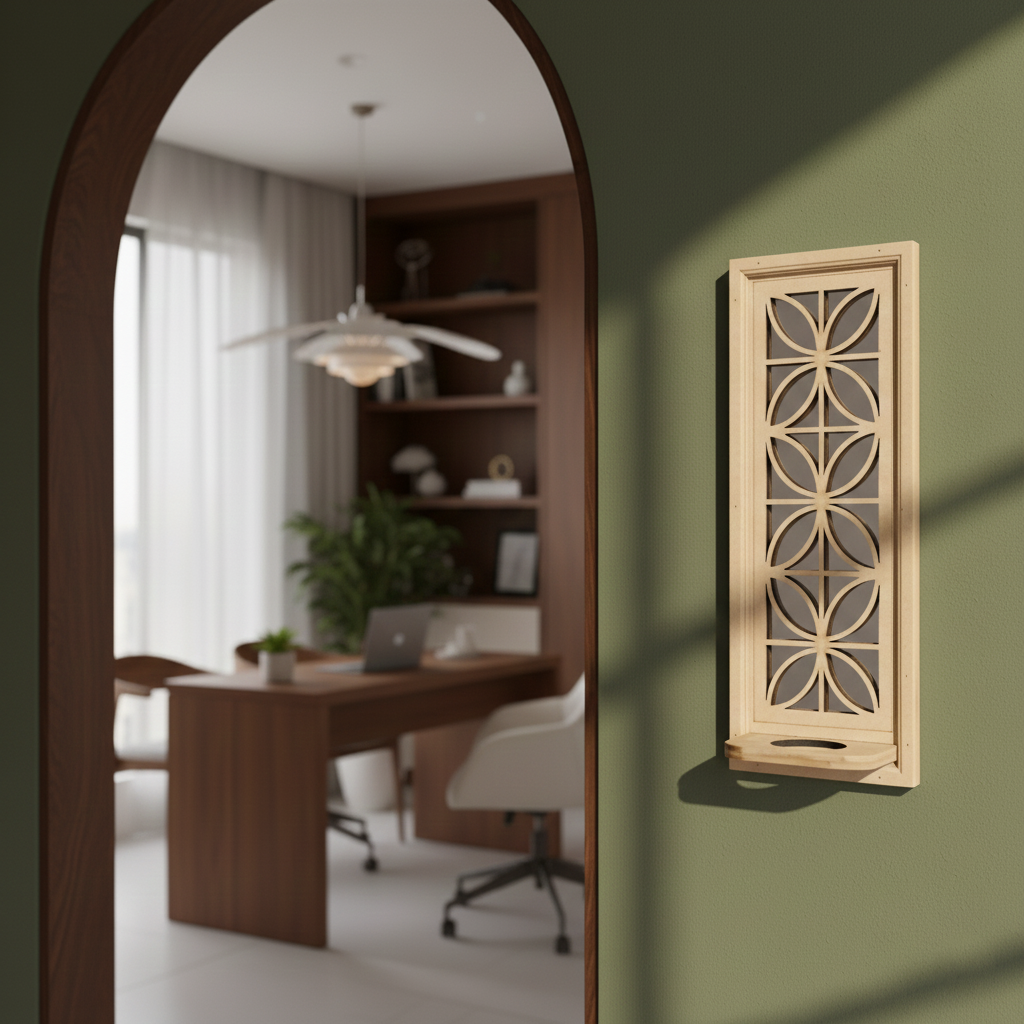 Unpainted MDF wall-mounted DIY sconce with geometric lattice mirror design and round tealight candle holder for modern home decor and craft painting.