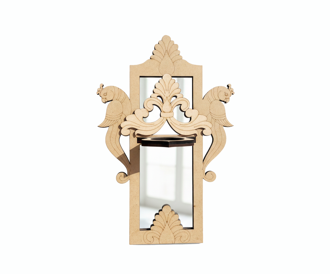 DIY MDF Peacock Carved Wall Mirror Sconce Shelf Decor laser cut MDF wall shelf base for painting, decoupage and DIY decoration.