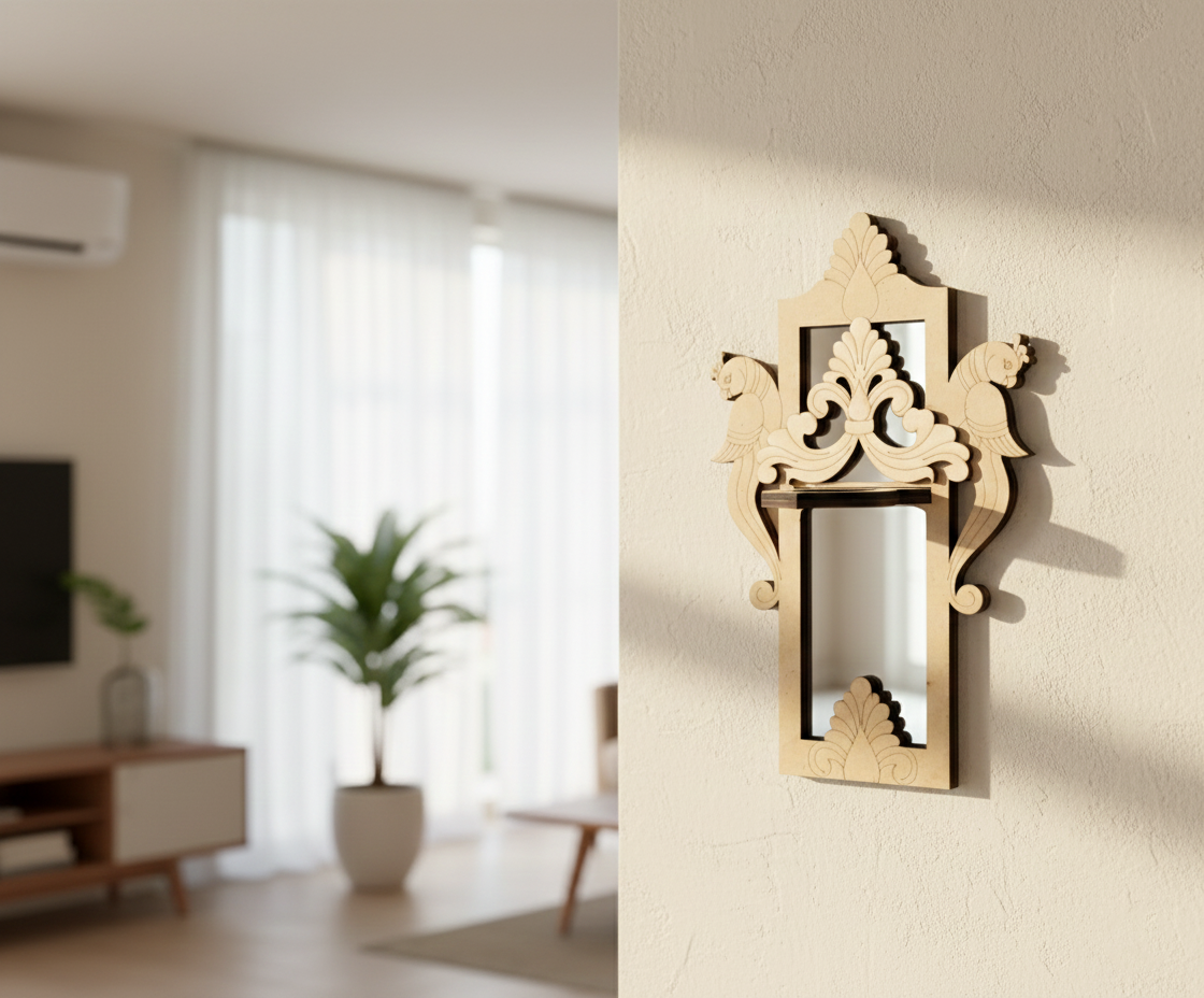 Unpainted MDF wall-mounted DIY sconce with ornate peacock carved mirror frame and decorative panel for traditional home decor and craft painting.