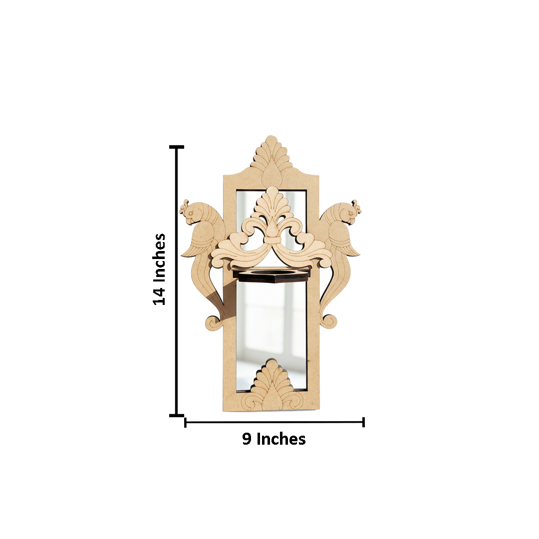 DIY MDF Peacock Carved Wall Mirror Sconce Shelf Decor laser cut MDF wall shelf base for painting, decoupage and DIY decoration with size.