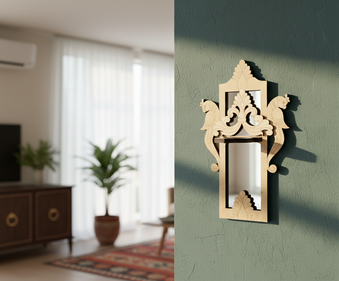 Unpainted MDF wall-mounted DIY sconce with ornate peacock carved mirror frame and decorative panel for traditional home decor and craft painting.