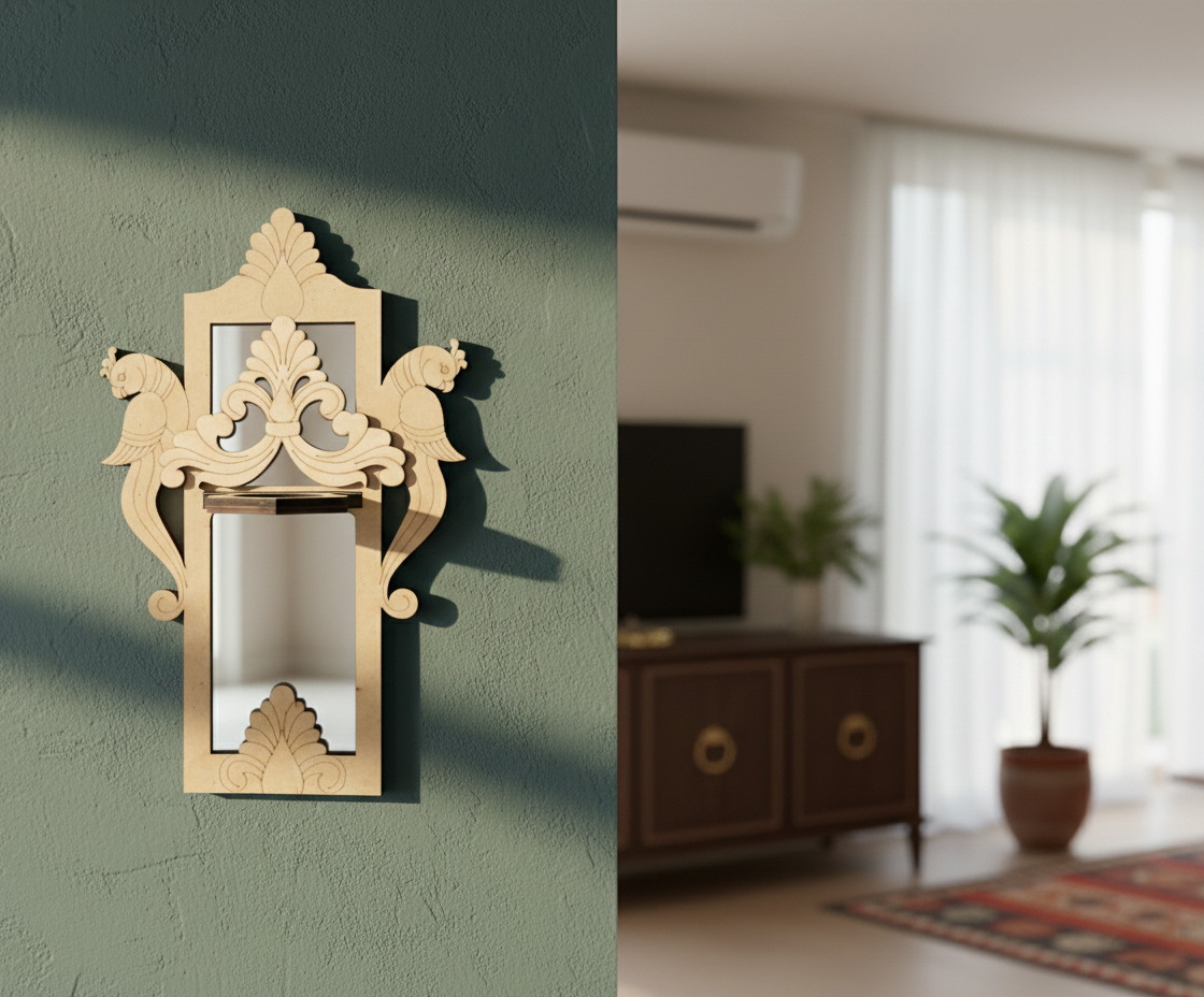 Unpainted MDF wall-mounted DIY sconce with ornate peacock carved mirror frame and decorative panel for traditional home decor and craft painting.