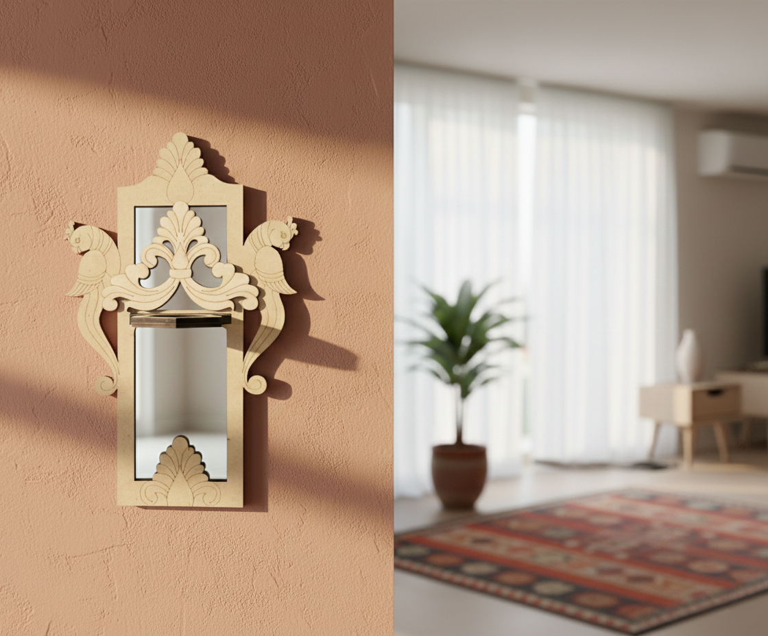 Unpainted MDF wall-mounted DIY sconce with ornate peacock carved mirror frame and decorative panel for traditional home decor and craft painting.