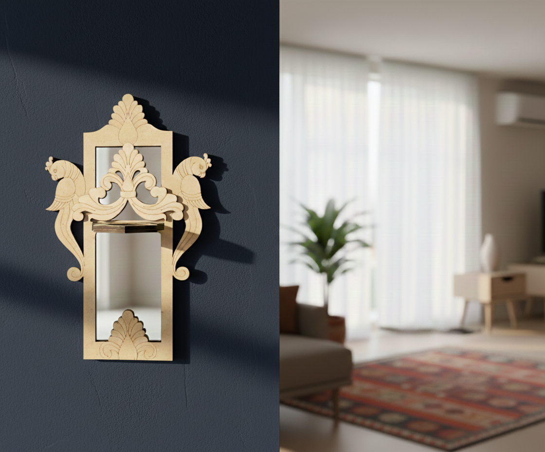 Unpainted MDF wall-mounted DIY sconce with ornate peacock carved mirror frame and decorative panel for traditional home decor and craft painting.