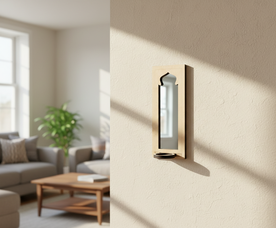 Unpainted MDF wall-mounted DIY sconce with arched mirror cutout design and round tealight candle holder for minimalist home decor and craft painting.