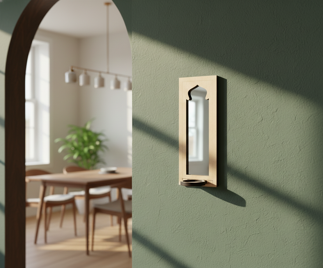 Unpainted MDF wall-mounted DIY sconce with arched mirror cutout design and round tealight candle holder for minimalist home decor and craft painting.