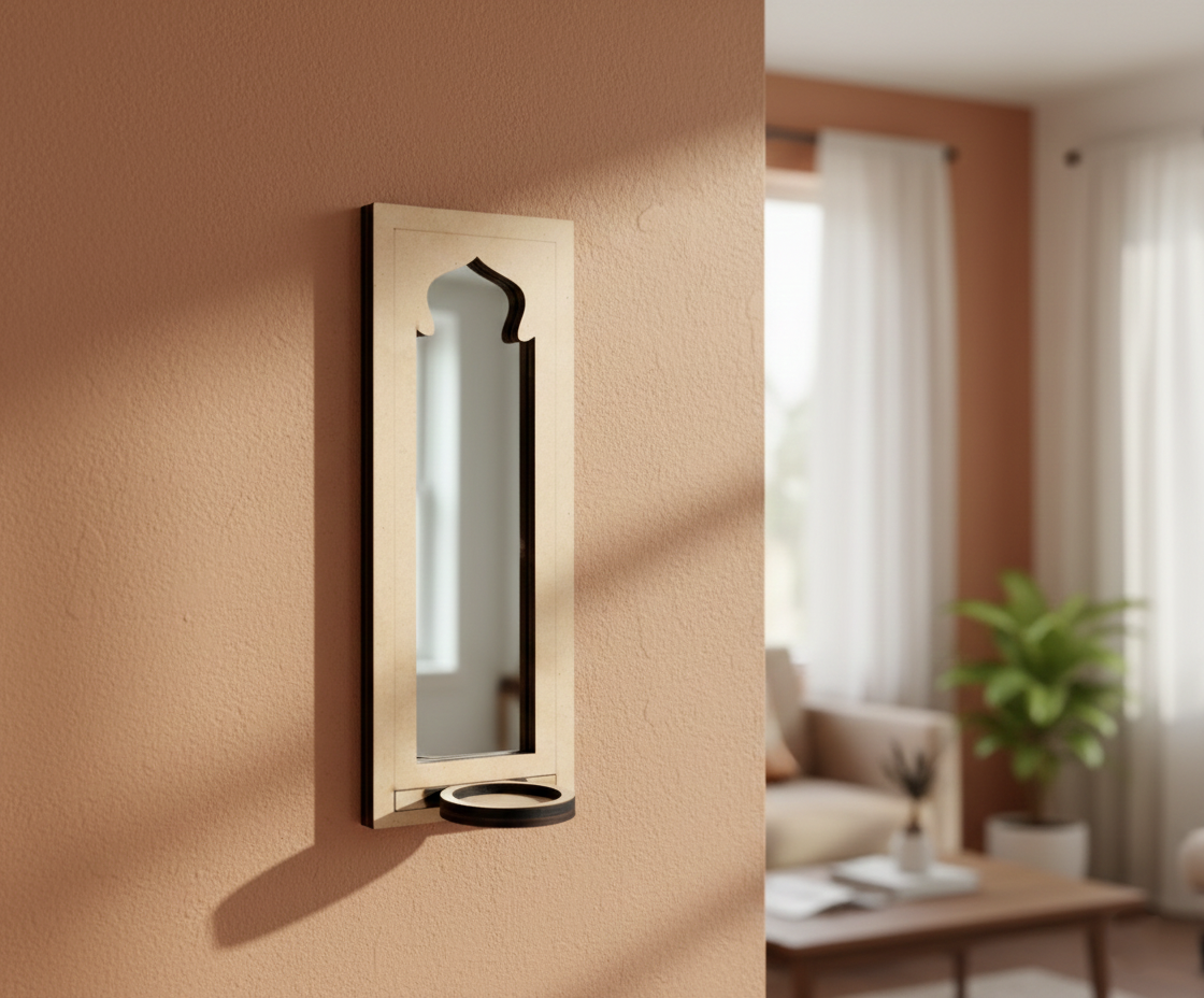 Unpainted MDF wall-mounted DIY sconce with arched mirror cutout design and round tealight candle holder for minimalist home decor and craft painting.