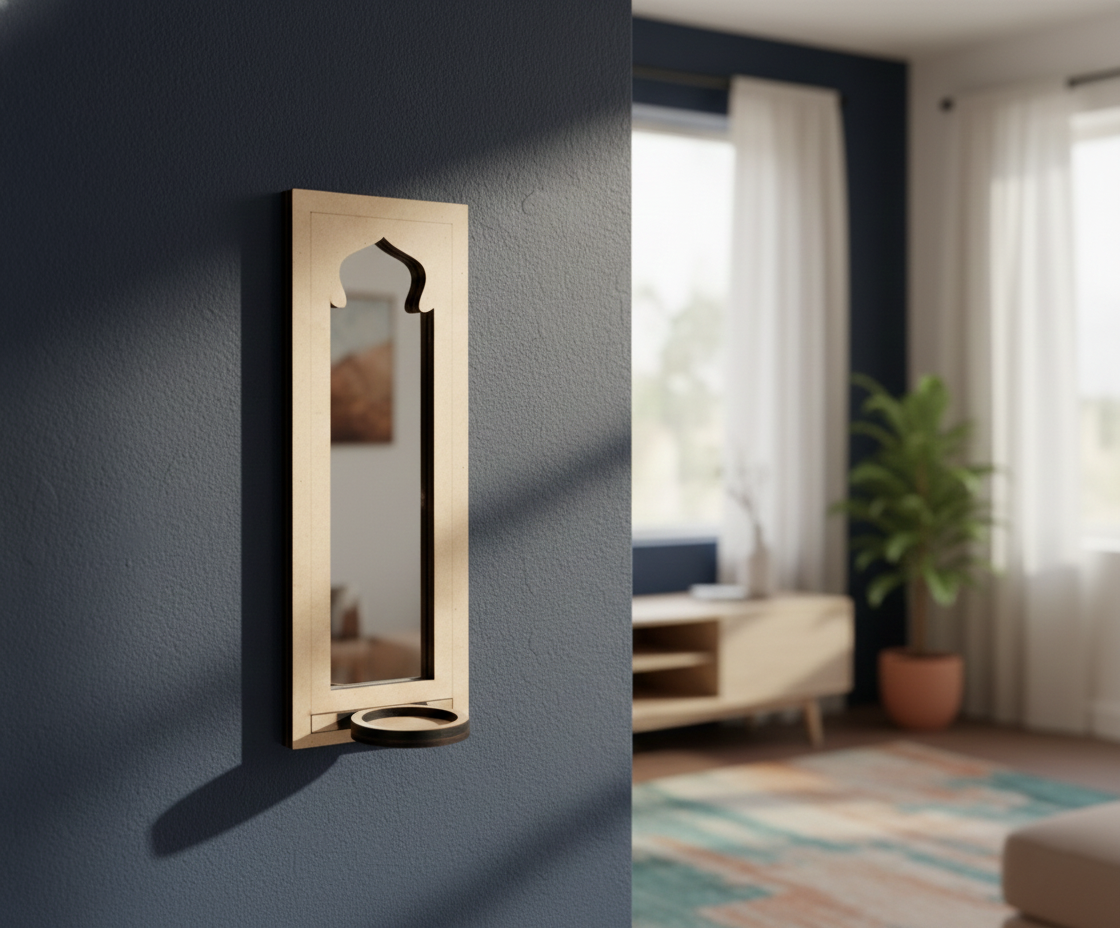 Unpainted MDF wall-mounted DIY sconce with arched mirror cutout design and round tealight candle holder for minimalist home decor and craft painting.