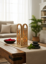 MDF candle holder on wooden table with rose petals and spa stones