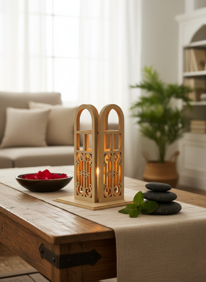 MDF candle holder on wooden table with rose petals and spa stones
