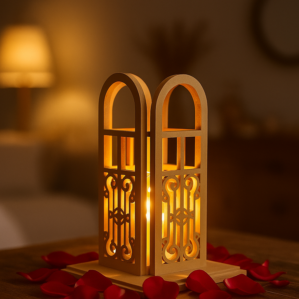 Decorative mdf lantern with intricate designs, emitting a warm glow, surrounded by red rose petals on a blurred background.