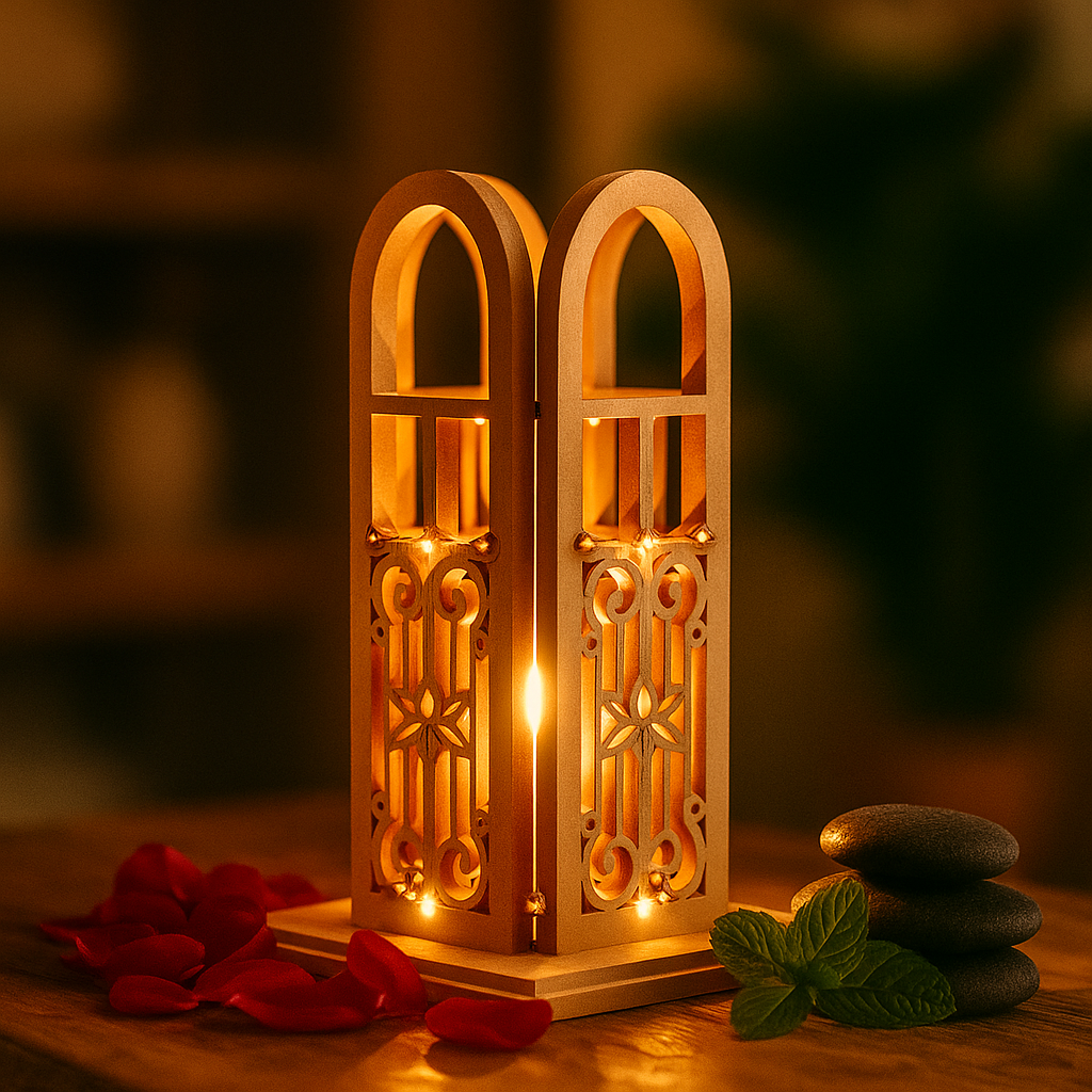 Decorative mdf lantern with a candle inside, surrounded by red petals and stones on a blurred background