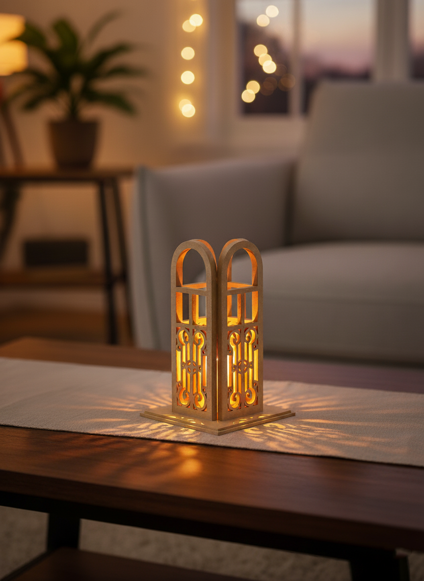 MDF lantern glowing with candle light on table during evening