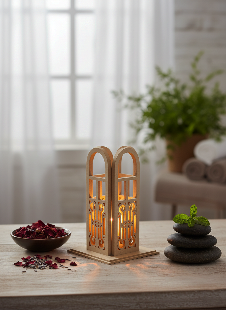 MDF decorative candle stand with spa elements and potpourri on table