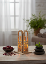 MDF decorative candle stand with spa elements and potpourri on table