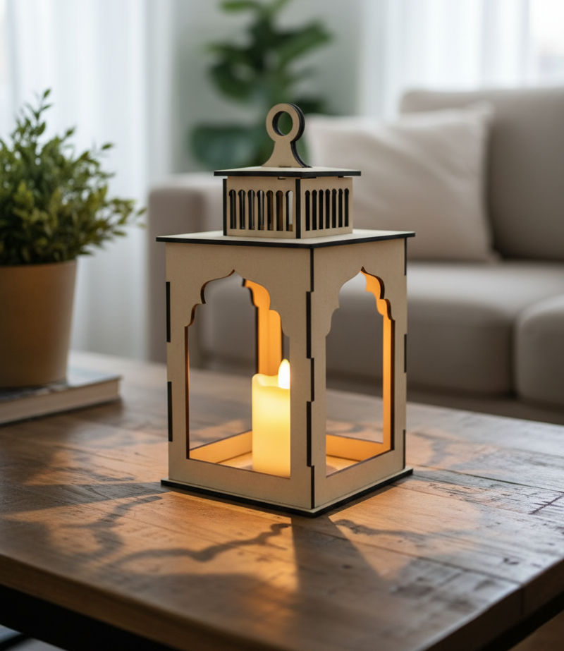 MDF Moroccan style lantern with tea light glowing on wooden coffee table