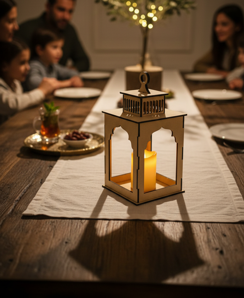 MDF arch lantern centerpiece on dining table with warm candlelight