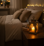 MDF lantern with glowing candle beside cozy bedroom setup
